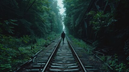 Man walking on train tracks, AI generated image.