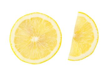 Top view set of yellow lemon half and slice or quarter isolated on white background with clipping...