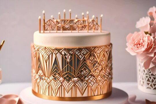 A birthday cake with an elegant, art deco design, featuring edible geometric patterns and metallic accents