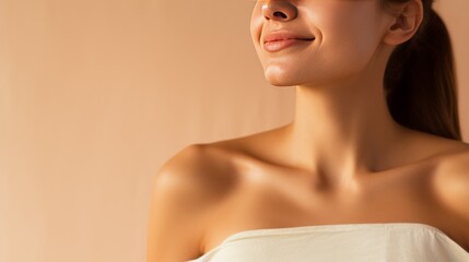 beauty background, cropped female portrait on a beige background, concept of care for the décolleté and neck area