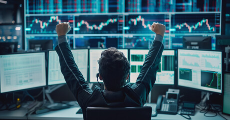 Triumphant Stock Trader Celebrating Success in Front of Multiple Financial Charts - obrazy, fototapety, plakaty
