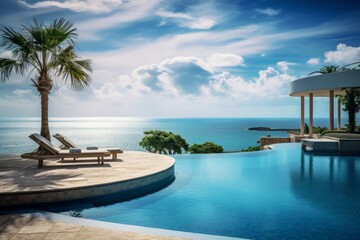 large swimming pool overlooking the ocean in a luxury hotel, the concept of a summer holiday in hotels, tourism