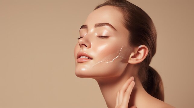 beauty portrait of a girl with her eyes closed in pleasure applying cream to her face on a beige background