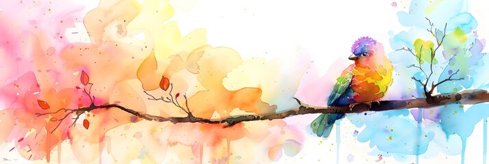 Vibrant Watercolor Painting of Colorful Bird Perched on Autumn Branch