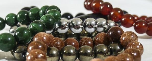 Beautiful bracelets of natural gem round beads stock photo