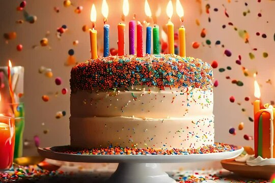 A delectable three-tiered birthday cake adorned with vibrant rainbow sprinkles and lit candles