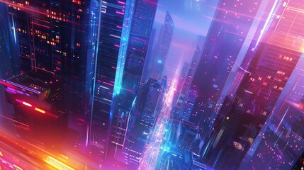 Future city with high-tech multicolored neon light trails, cyberpunk style, AI generated image. - obrazy, fototapety, plakaty