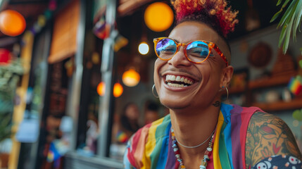 Joyful person with colorful hairstyle and rainbow shirt laughing