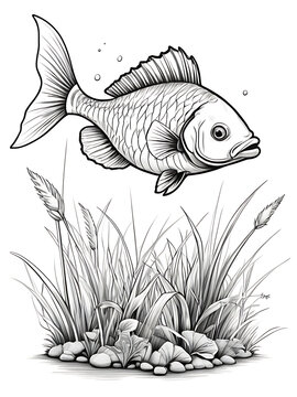 recommend clip art: fish for a toddlers hand drawing grass and sketch smoothly outline shape coloring page ai generated 
