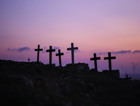 Golgotha hill's silhouette is defined by crosses, with the cross being prominent.