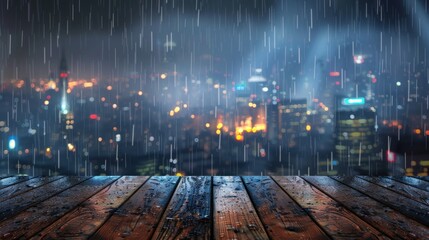Wooden platform and night city lights with raindrops, AI generated image.