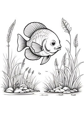 recommend clip art: fish for a toddlers hand drawing grass and sketch smoothly outline shape coloring page ai generated 