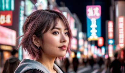 ピンクの髪の若い女性が夜の繁華街に立っています。