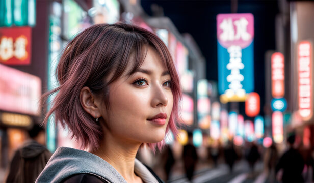 ピンクの髪の若い女性が夜の繁華街に立っています。