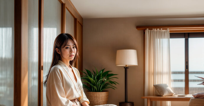 ホテルの部屋の窓辺に白いローブを着た女性が座っている。