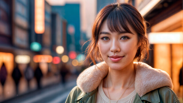 路上で笑顔のアジアの女性