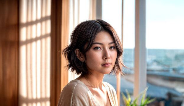茶色の短い髪と白いシャツを着た女性が横を向いています。