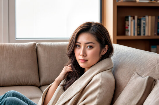 茶色の髪とベージュのコートを着た女性が黄褐色のソファに座っています。