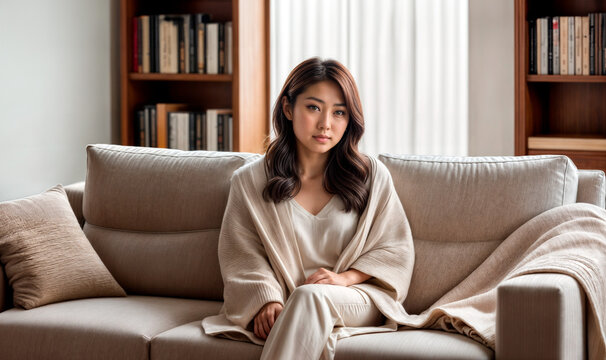 女性は毛布にくるまってソファに座っています。