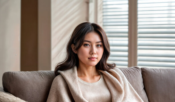 茶色の髪とベージュのセーターを着た女性がソファに座っています。