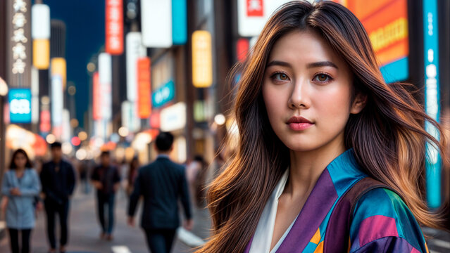 長い茶色の髪をした美しい若い女性が、にぎやかな街の通りに立っています。