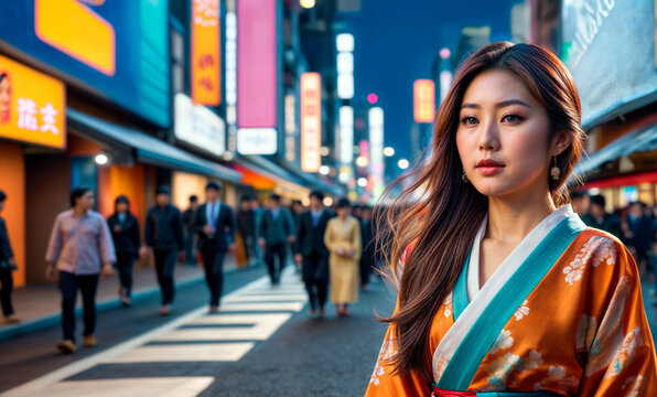 色とりどりの着物を着た髪の長い女性が、繁華街の真ん中に立っています。