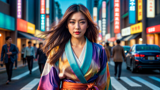 色とりどりの着物を着た髪の長い女性が、繁華街の真ん中に立っています。