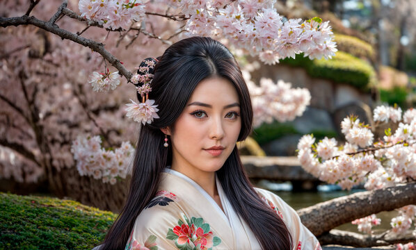 着物を着た長い黒髪の日本人女性が桜の前に立っています。