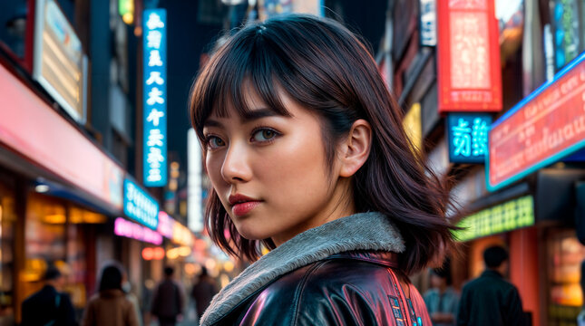 夜の路上でショートヘアの若い日本人女性
