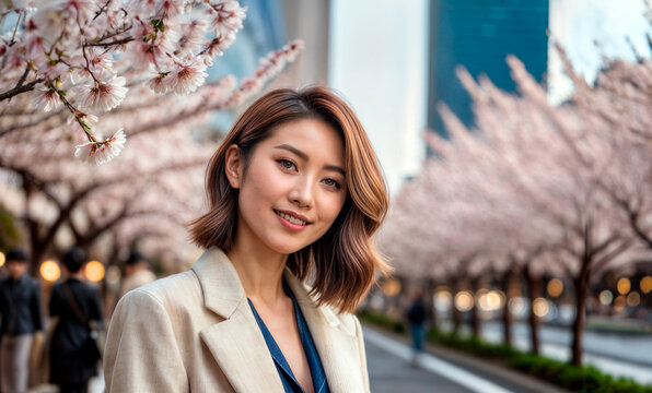 路上に立っている短い茶色の髪の笑顔の若い日本人女性
