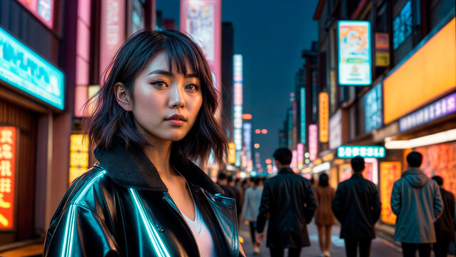 夜の路上でショートヘアの若い日本人女性