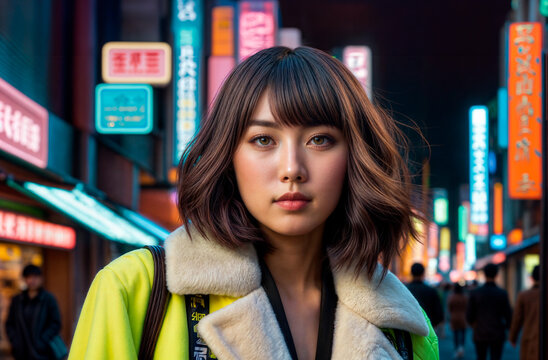 夜の路上でショートヘアの若い日本人女性