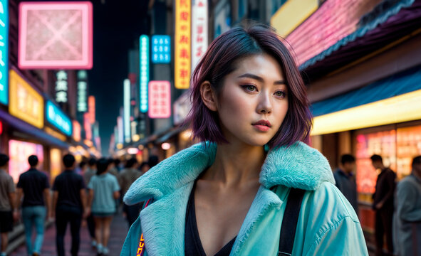 夜の路上でショートヘアの若い日本人女性