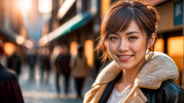 路上で微笑む若い茶色の髪の女性