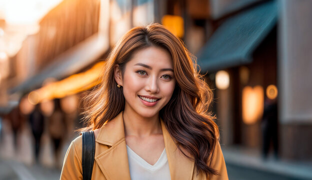 美しい若い女性が、長い茶色の髪を持ち、都市の通りに立ちながらカメラに微笑んでいます。
