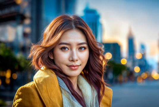 美しい若い女性が、長い茶色の髪を持ち、都市の通りに立ちながらカメラに微笑んでいます。
