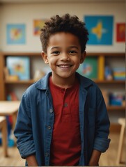 Portrait multriracial child kid boy student playing kindergarten preschool classroom school daycare center background smiling from Generative AI