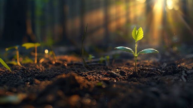 A young green tree sprout grows in the forest on brown soil, against a dark background with sunlight rays
