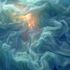 Obraz premium A digital art composition featuring an abstract background with swirling waves of light blue and green, resembling flowing fabric.