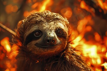 Fototapeta premium Distressed sloth amid fiery forest backdrop, flames evident
