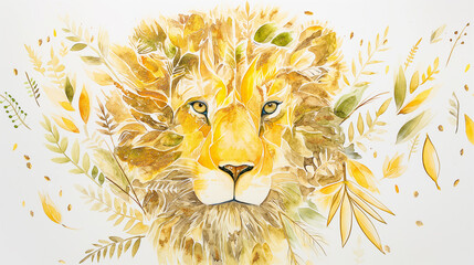 Leão amarelo feito de plantas em aquarela isolado no fundo branco  - obrazy, fototapety, plakaty