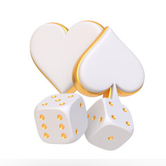 Elegant white poker suits with a golden edge next to dice with gold dots isolated on a white background, represent luxury and luck in a classic game setting. 3D render illustration