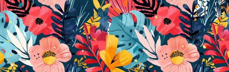 Fototapeta premium Vibrant and multicolored floral pattern displayed against a bright blue background