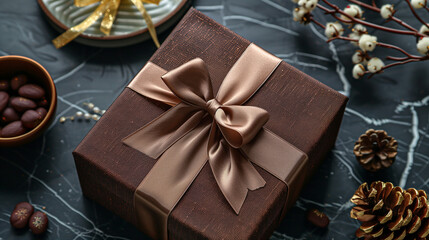 Top view on an elegant brown gift box with brown bowtie ribbon on black textured background with...