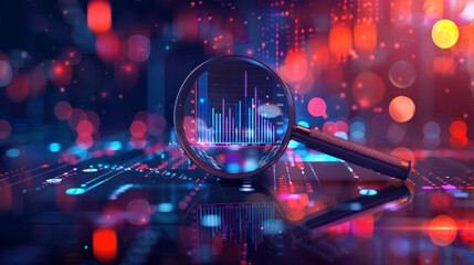Magnifying glass over digital data visualizations and charts, stock market curve on abstract bokeh effect background - obrazy, fototapety, plakaty