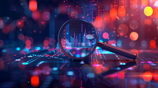 Magnifying glass over digital data visualizations and charts, stock market curve on abstract bokeh effect background