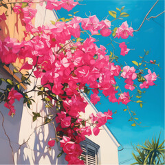 Vibrant Bougainvillea Cascade: A digital art piece that vividly captures bougainvillea flowers cascading over a white Mediterranean house, set against a clear blue sky, embodying the essence of a sun