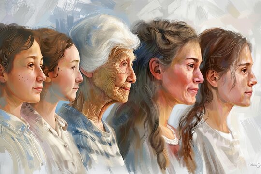 Portrayal of a woman&rsquo;s journey from youth to old age, showing a transition from childhood, adolescence, adulthood to senior years. Generative AI