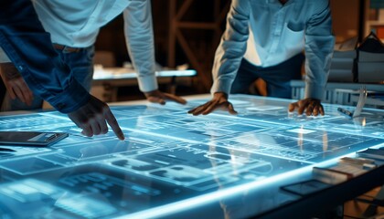 Innovators Collaborate on Industrial Engine Design at Tech Research Center, Analyzing Solutions & Discussing. Close-Up Hand Focus