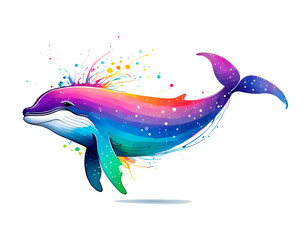 Colorful Whale Swimming, Illustrator Drawing of Whales in the Sea
